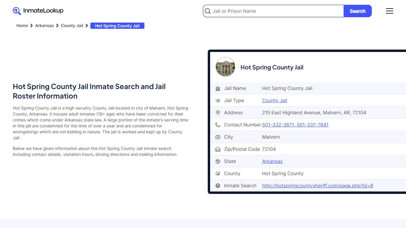 Hot Spring County Jail Inmate Search and Jail Roster Information